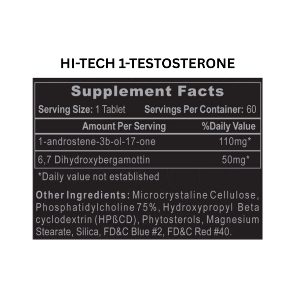 Supplement label for 'HI-TECH 1-TESTOSTERONE' showing ingredient details and supplement facts.