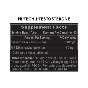Hi-Tech Pharmaceuticals 1-Testosterone supplement facts on a white background.