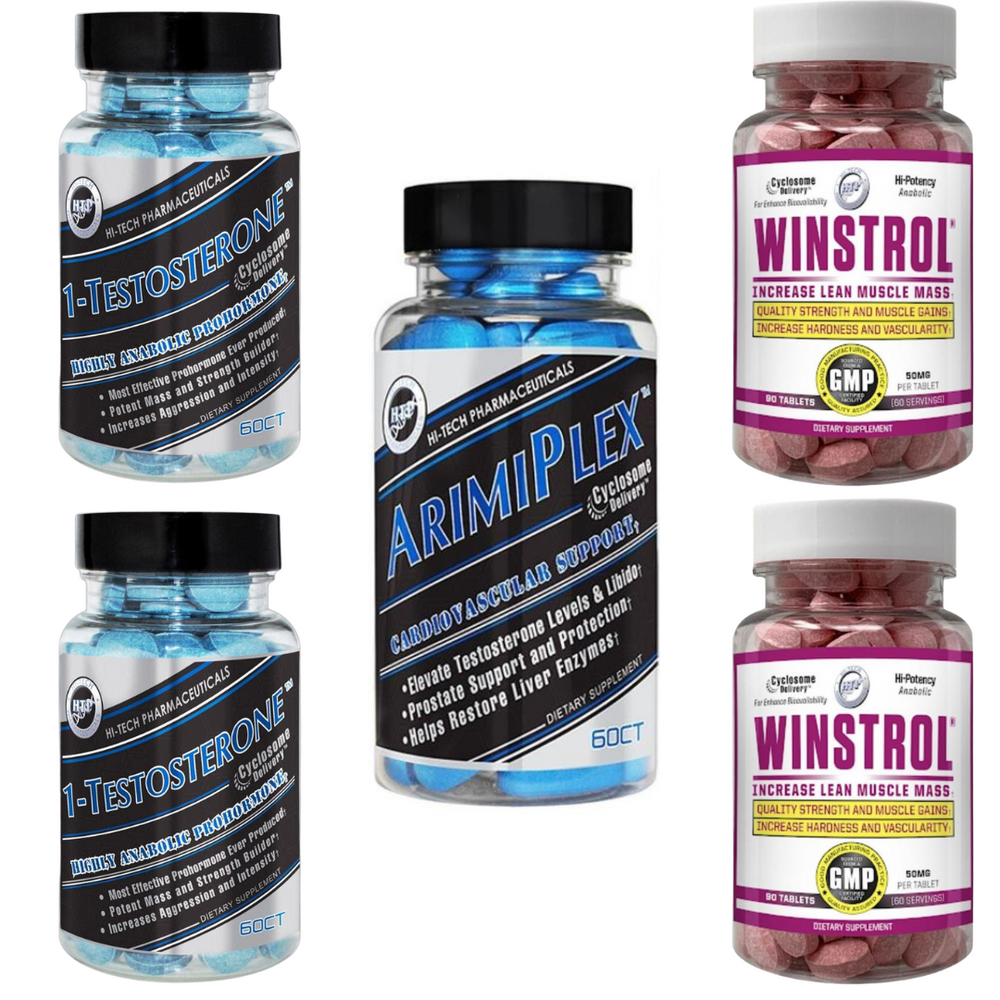 Collection of supplement bottles including 1-Testosterone, Arimiplex, and Winstrol on a white background.