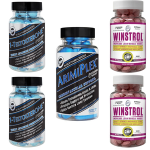 Collection of supplement bottles including 1-Testosterone, Arimiplex, and Winstrol on a white background.