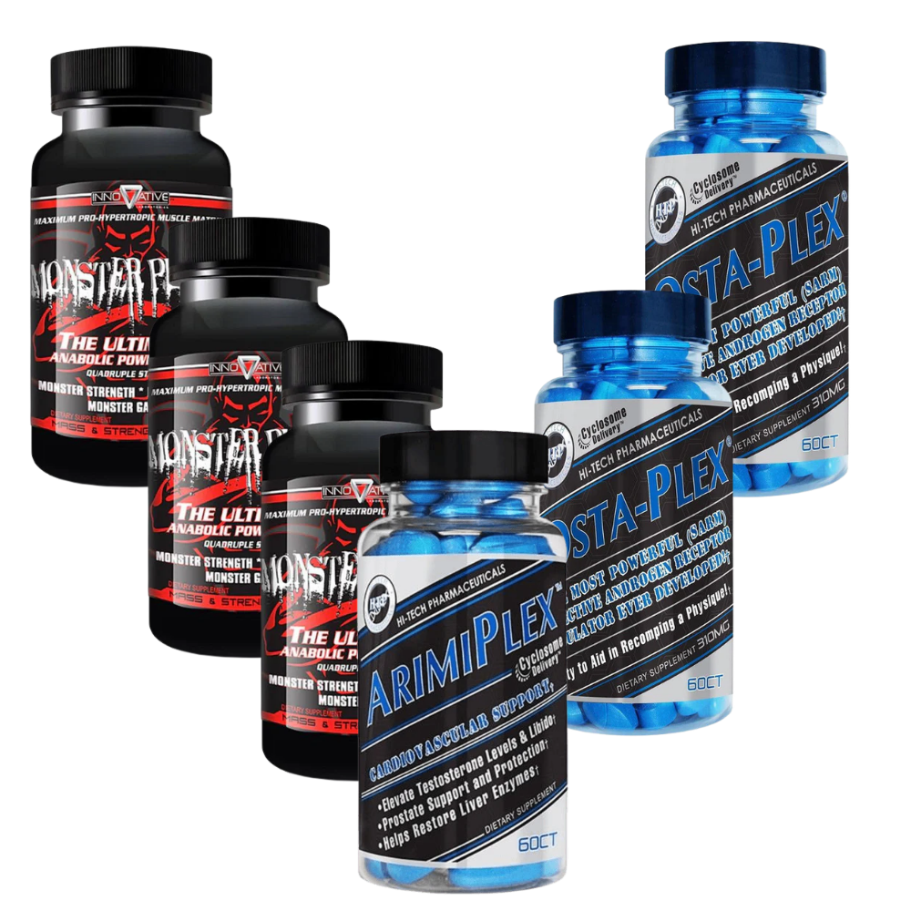 3 bottles of Innovative Labs Monster Plexx, 1 bottle of Hi-Tech Pharmaceuticals Arimiplex, and 2 bottles of Hi-Tech Pharmaceuticals Osta-Plex on a white background.