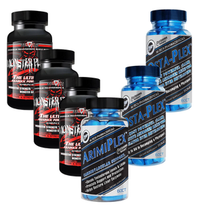 3 bottles of Innovative Labs Monster Plexx, 1 bottle of Hi-Tech Pharmaceuticals Arimiplex, and 2 bottles of Hi-Tech Pharmaceuticals Osta-Plex on a white background.