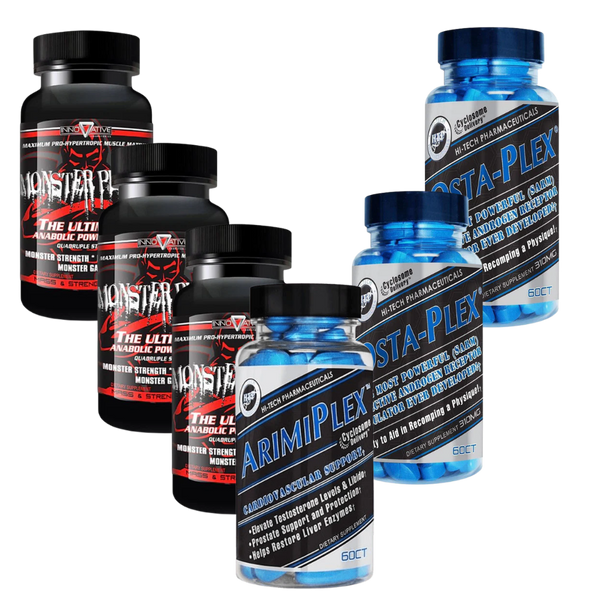 3 bottles of Innovative Labs Monster Plexx, 1 bottle of Hi-Tech Pharmaceuticals Arimiplex, and 2 bottles of Hi-Tech Pharmaceuticals Osta-Plex on a white background.