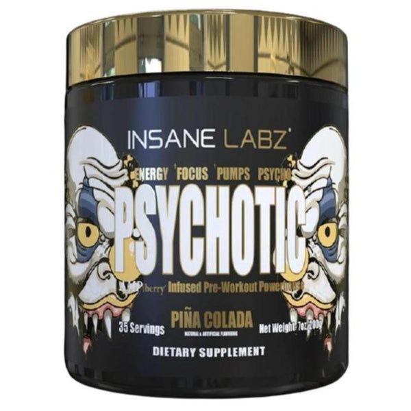 Insane Labz Psychotic pre-workout powder container with gold lid on a white background