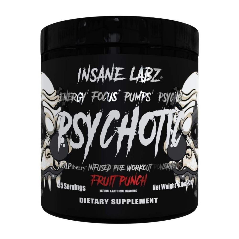 Supplement container labeled 'Psychotic Black' by Insane Labz in the watermelon flavor on a white background