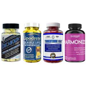 Four supplement bottles labeled Decabolin, Lipodrene, Turkestone 650, and Harmonize on a white background.