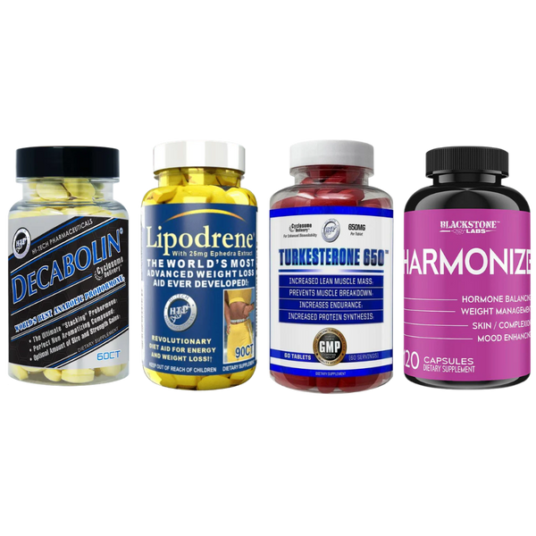 Four supplement bottles labeled Decabolin, Lipodrene, Turkestone 650, and Harmonize on a white background.