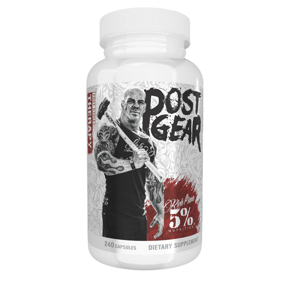 5% Nutrition Supplement bottle labeled 'Post Gear' with a graphic design on a white background