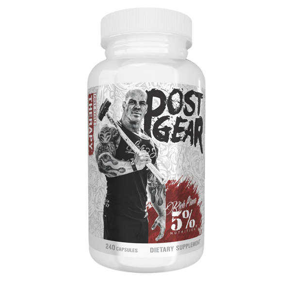 5% Nutrition Supplement bottle labeled 'Post Gear' with a graphic design on a white background