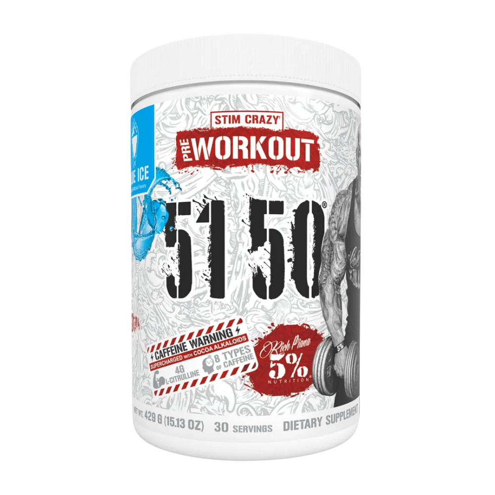 A white plastic tub of Stim Crazy Pre-Workout 51.5% Caffeine powder, featuring a detailed label with red and black text and illustrations of fruits and a gym weight plate.