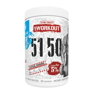 A white plastic tub of Stim Crazy Pre Workout 5150 dietary supplement on a plain white background.