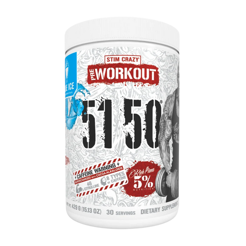 A white plastic tub of Stim Crazy Pre Workout 5150 dietary supplement on a plain white background.