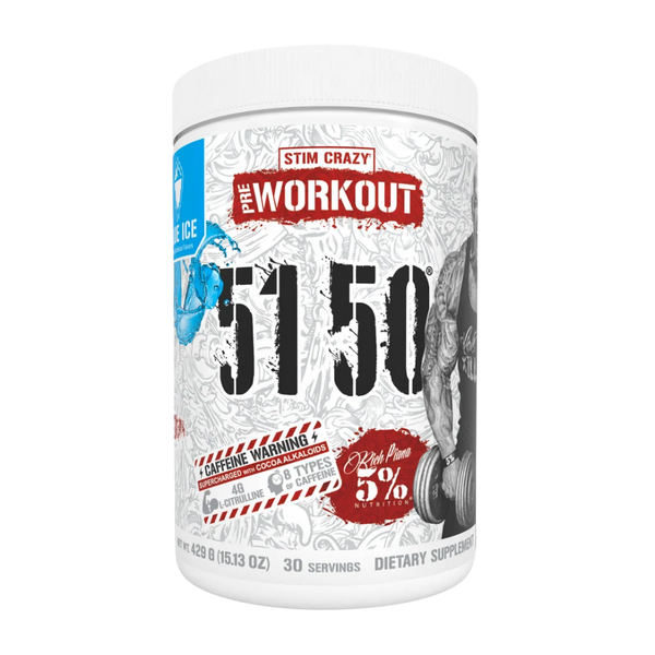 A white plastic tub of Stim Crazy Pre Workout 5150 dietary supplement on a plain white background.