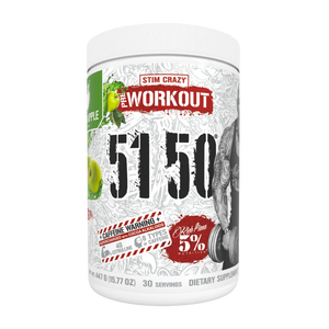 A white plastic tub of Stim Crazy The Workout 5150 dietary supplement powder, featuring a white label with red and black text, green apple graphics, and a grayscale illustration of a person lifting weights.