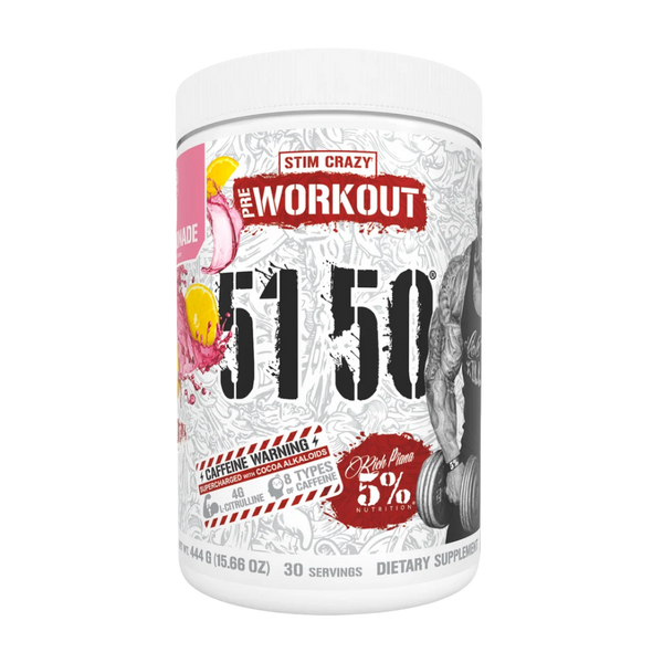 A white plastic tub of Stim Crazy Pre Workout 5150 supplement powder, featuring a detailed label with red, black, and pink graphics on a white background.