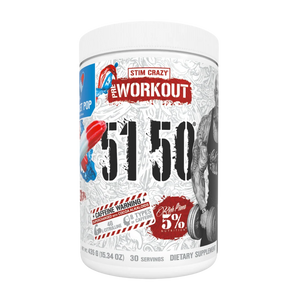 A white plastic tub of Stim Crazy 5150 workout supplement powder, featuring a white label with red and black text and graphics, on a plain white background.