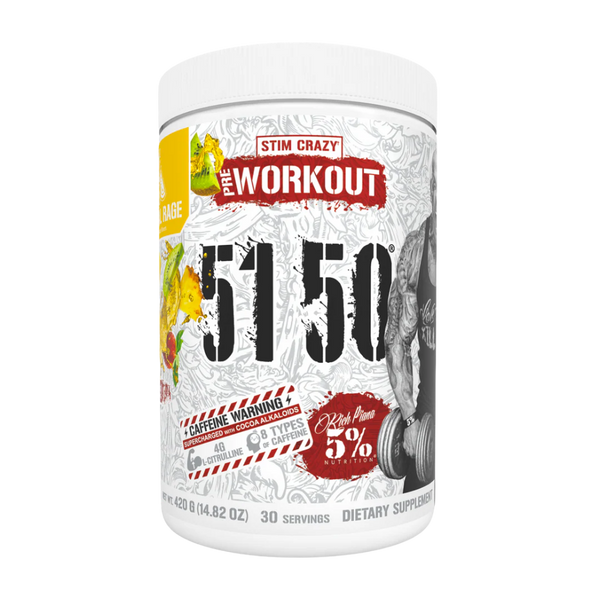 A white plastic tub of Stim Crazy The Workout 5150 dietary supplement powder, featuring a white label with black text, red accents, and yellow citrus graphics.