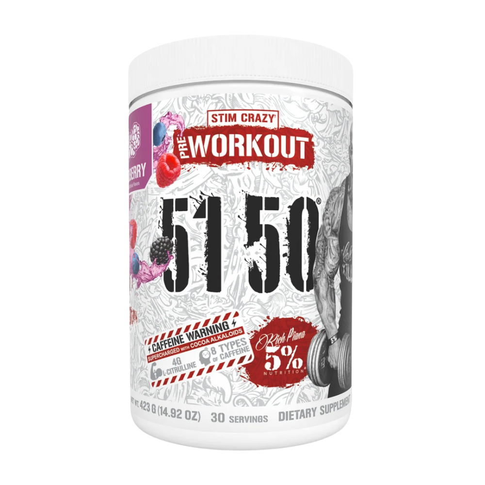 A white plastic tub of Stim Crazy Pre-Workout 51.5% Caffeine powder, featuring a detailed label with red and black text and illustrations of fruits and a gym weight plate.