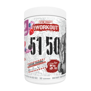 A white plastic tub of Stim Crazy Pre-Workout 51.5% Caffeine powder, featuring a detailed label with red and black text and illustrations of fruits and a gym weight plate.
