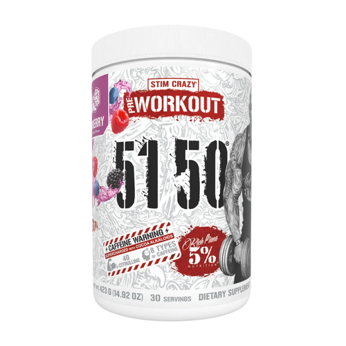 A white plastic tub of Stim Crazy Pre-Workout 51.5% Caffeine powder, featuring a detailed label with red and black text and illustrations of fruits and a gym weight plate.