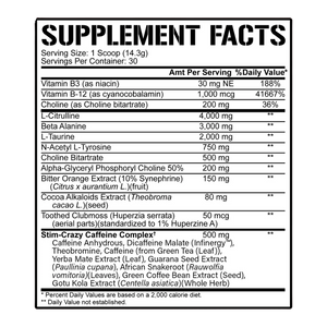 A black-and-white Supplement Facts label showing a caffeine complex supplement with listed nutrients and ingredients on a plain white background.
