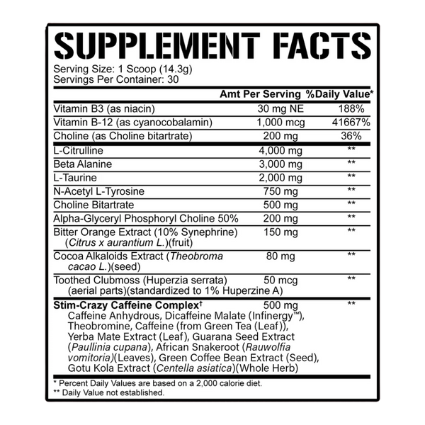 A black-and-white Supplement Facts label showing a caffeine complex supplement with listed nutrients and ingredients on a plain white background.