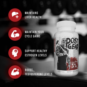 5% Nutrition Supplement bottle labeled 'Post Gear' with health benefits listed on a blurred gym background.