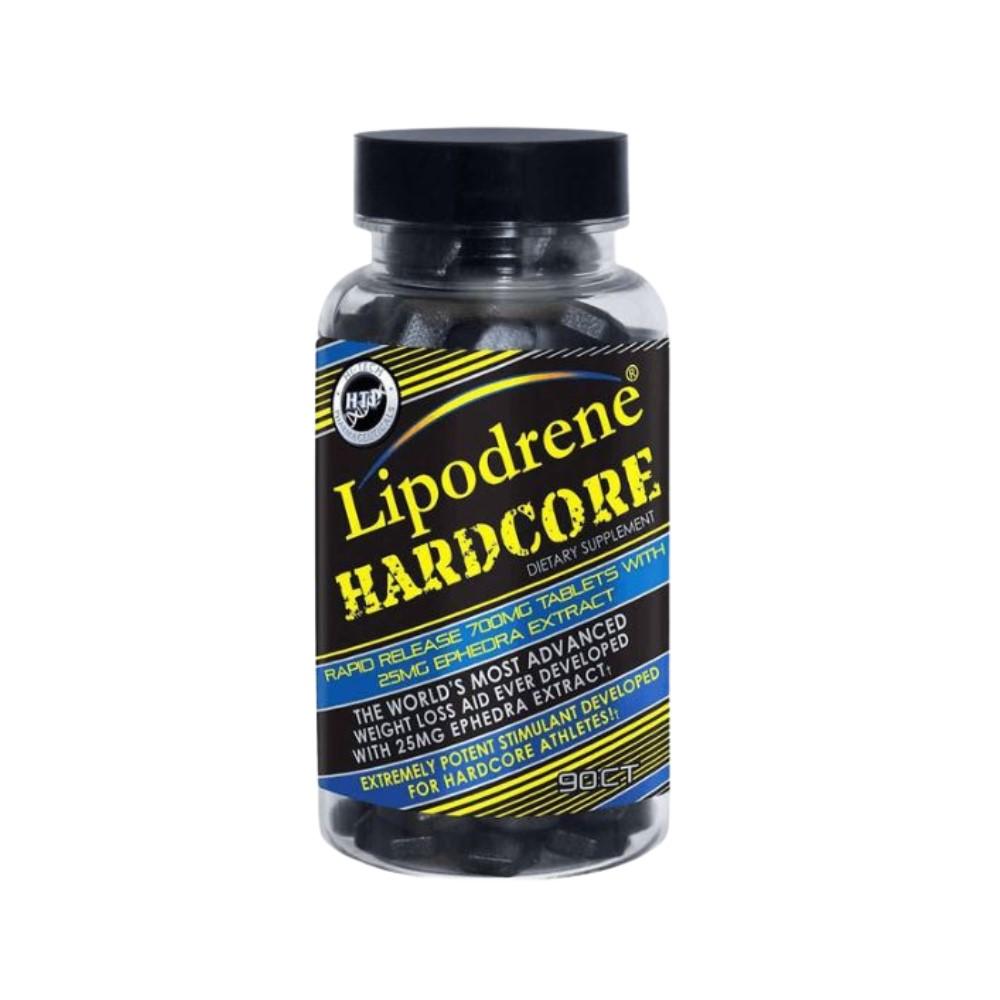 Bottle of Lipodrene weight loss supplement with blue label and yellow capsules on a white background
