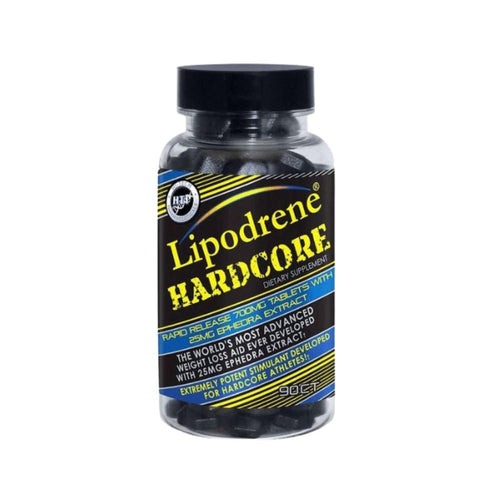 Bottle of Lipodrene Hardcore dietary supplement on a white background