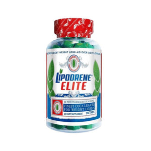 Bottle of Lipodrene Elite dietary supplement with red and white label on a white background