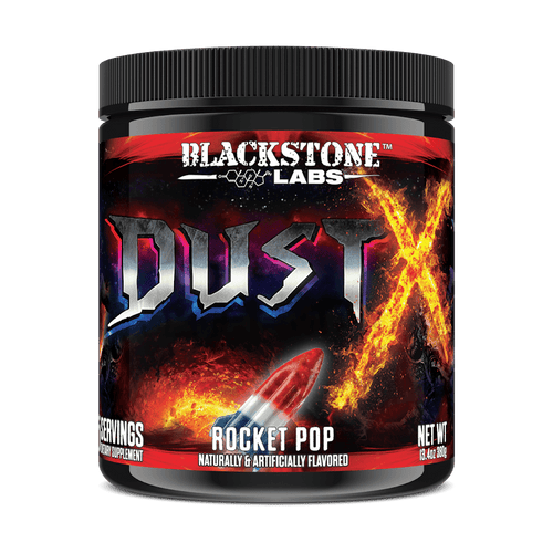 Blackstone Labs DUST X supplement container with 'Rocket Pop' flavor on a dark background