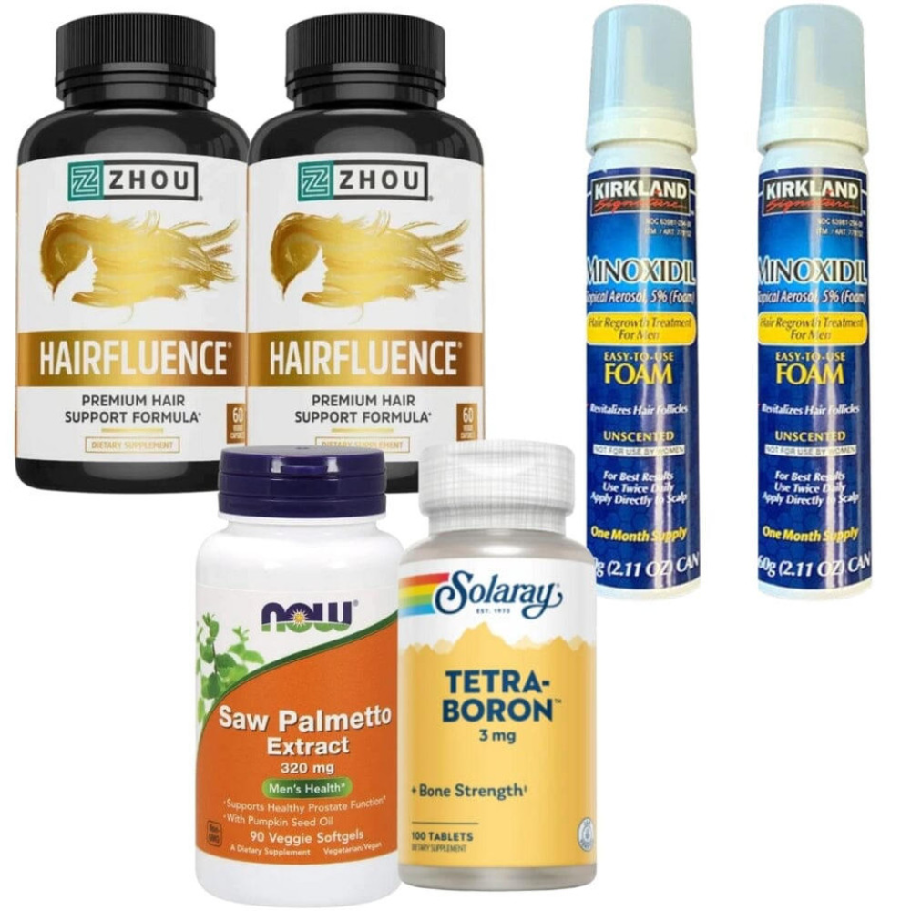 Collection of health and wellness products including hair care and dietary supplements on a white background.