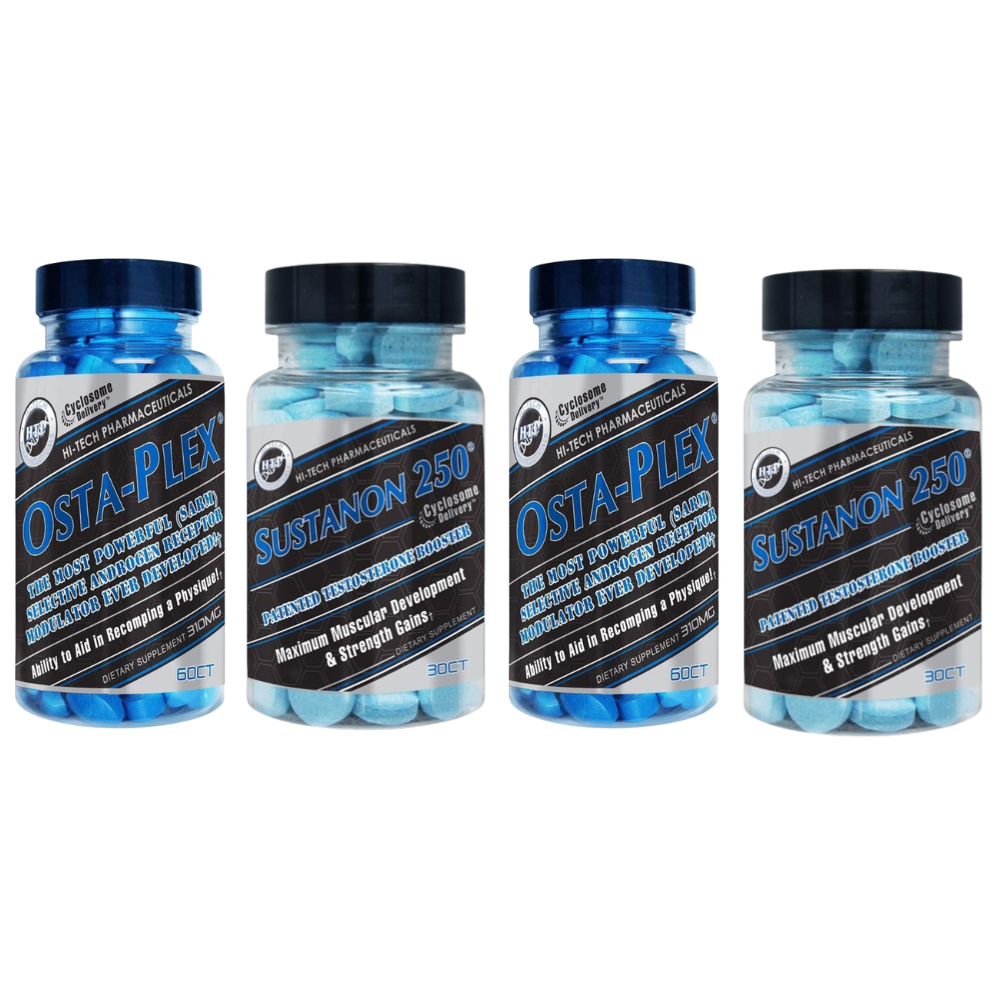 Two bottles of Osta-Plex and two bottles of Sustanon 250 on a white background