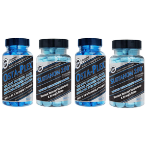 Two bottles of Osta-Plex and two bottles of Sustanon 250 on a white background