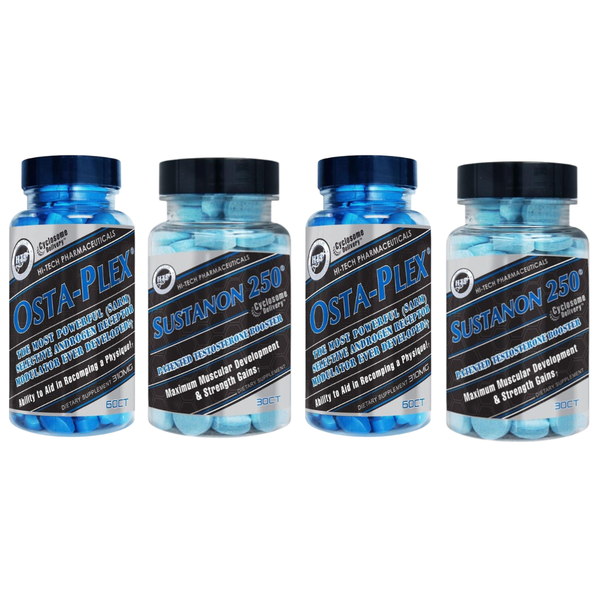 Two bottles of Osta-Plex and two bottles of Sustanon 250 on a white background