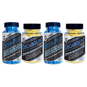 Two bottles of Osta-Plex and two bottles of Decabolin on a white background