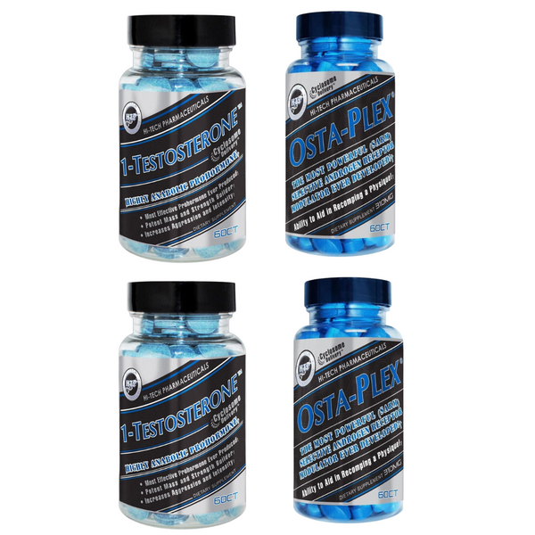 Two bottles of 1-Testosterone and two bottles of Osta-Plex on a white background