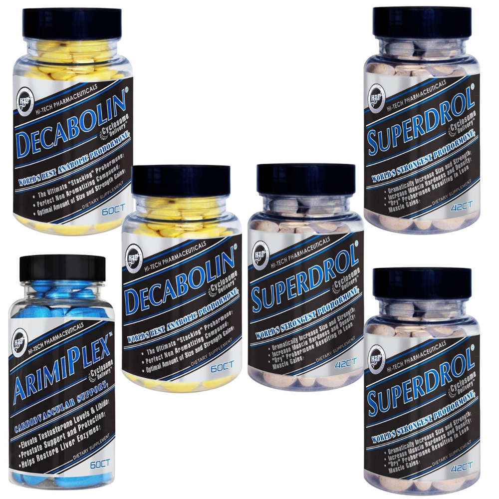 Two bottles of Decabolin, 3 bottles of Superdrol, and 1 bottle of Arimiplex on a white background.