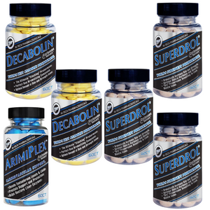 Two bottles of Decabolin, 3 bottles of Superdrol, and 1 bottle of Arimiplex on a white background.