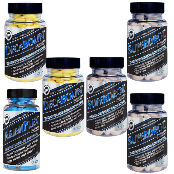 Two bottles of Decabolin, 3 bottles of Superdrol, and 1 bottle of Arimiplex on a white background.