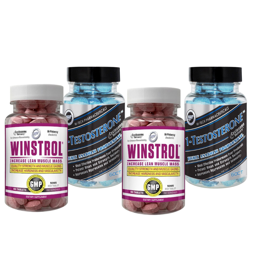 Two bottles of Winstrol and two bottles 1-Testosterone supplements on a white background