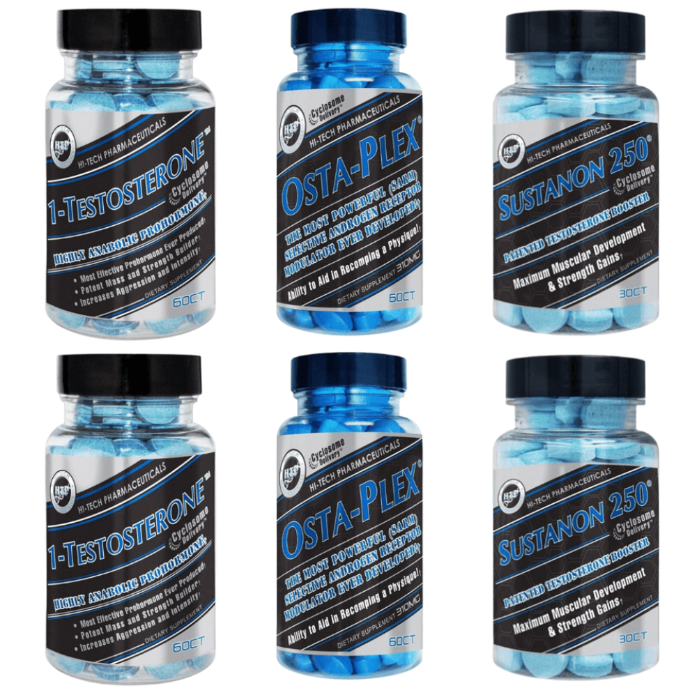 Two bottles of 1-testosterone, two bottles of osta-plex, and two bottles of sustanon 250 on a white background