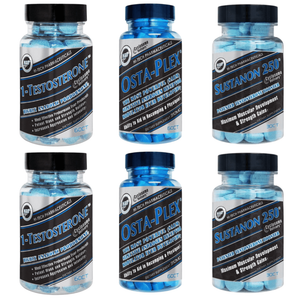 Two bottles of 1-testosterone, two bottles of osta-plex, and two bottles of sustanon 250 on a white background
