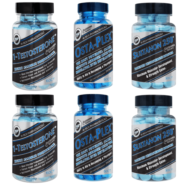 Two bottles of 1-testosterone, two bottles of osta-plex, and two bottles of sustanon 250 on a white background