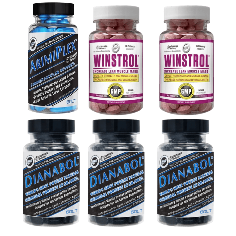 A bottle of Arimiplex, two bottles of Winstrol, and three bottles of Dianabol with labels on a white background
