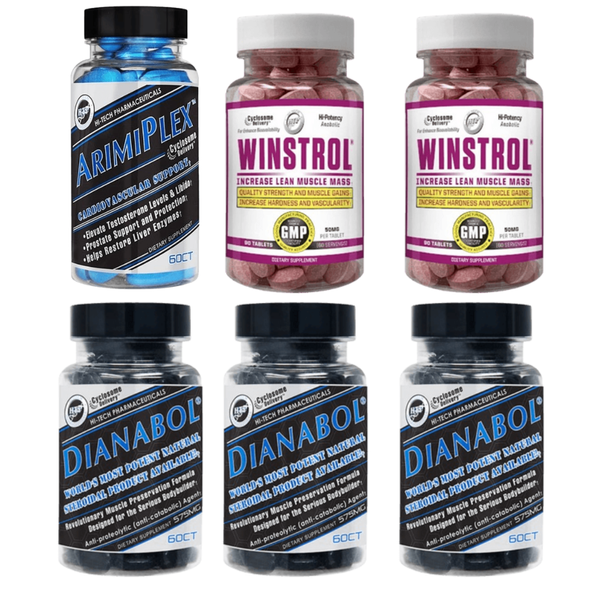 A bottle of Arimiplex, two bottles of Winstrol, and three bottles of Dianabol with labels on a white background