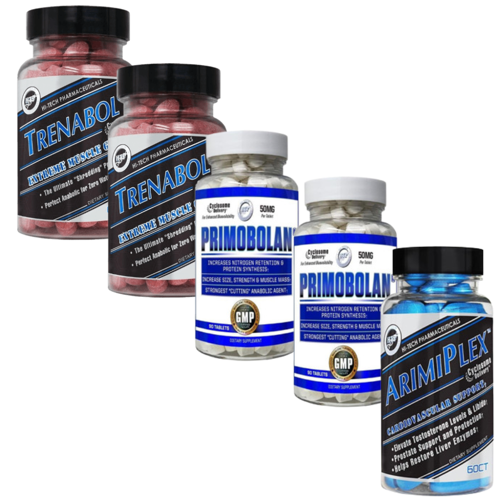 Collection of supplement bottles labeled Trenabol, Primobolan, and ArimiPlex on a white background.