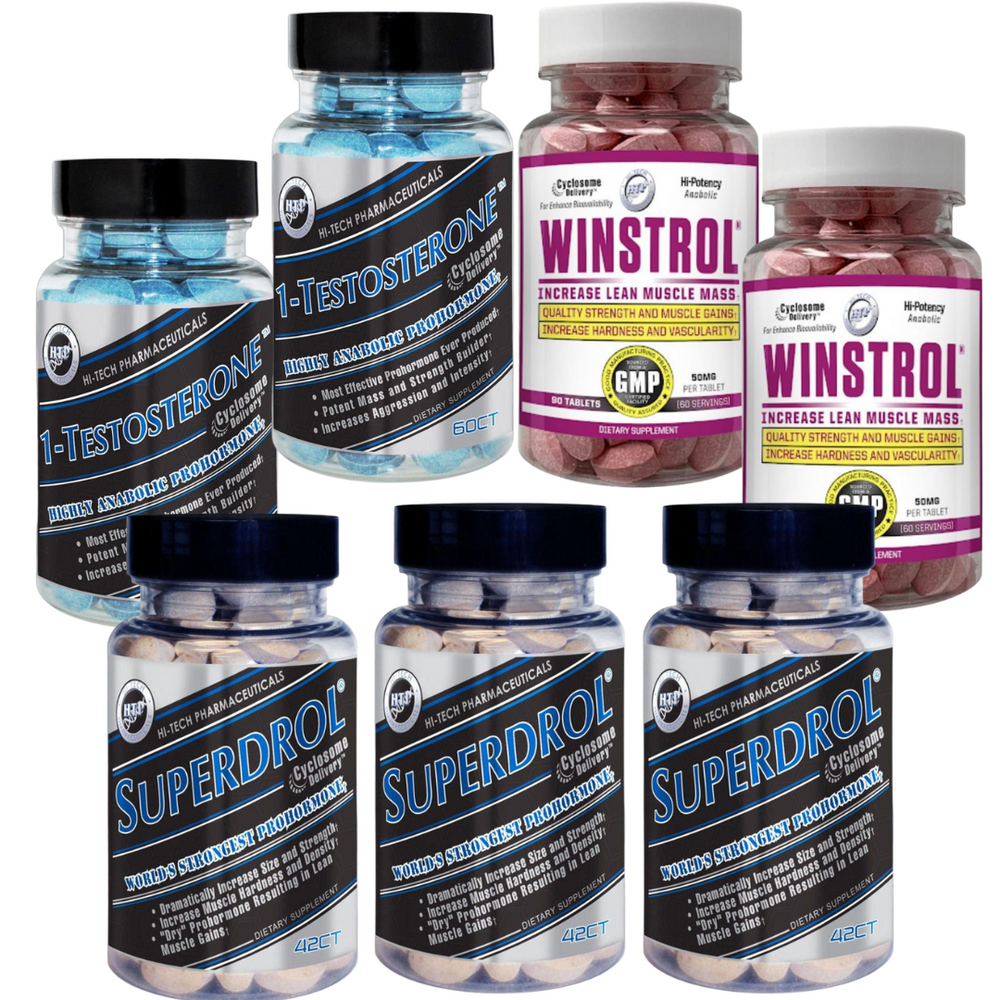 Collection of supplement bottles including 2 bottles of Winstrol, 3 bottles of Superdrol, and 2 bottles of 1-Testosterone on a white background.