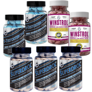 Collection of supplement bottles including 2 bottles of Winstrol, 3 bottles of Superdrol, and 2 bottles of 1-Testosterone on a white background.