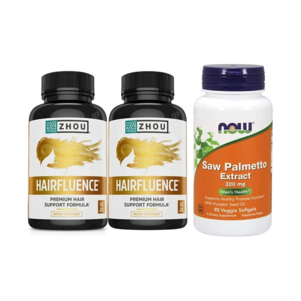 Two bottles of Zhou Hairfluence supplement and one bottle of Now Foods Saw Palmetto Extract on a white background.